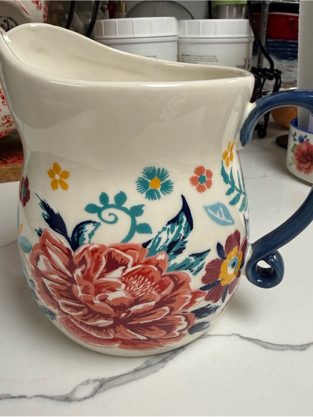 The Pioneer Woman Ceramic Floral Pitcher in Cream, Coral, Teal and Navy